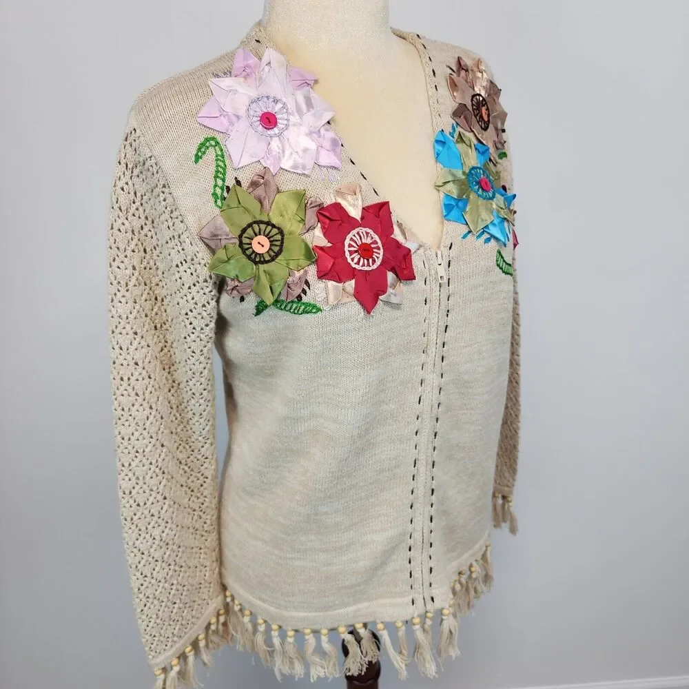 Storybook Knits Cardigan Sweater Size M Beige Crochet Fringe Granny Vintage
